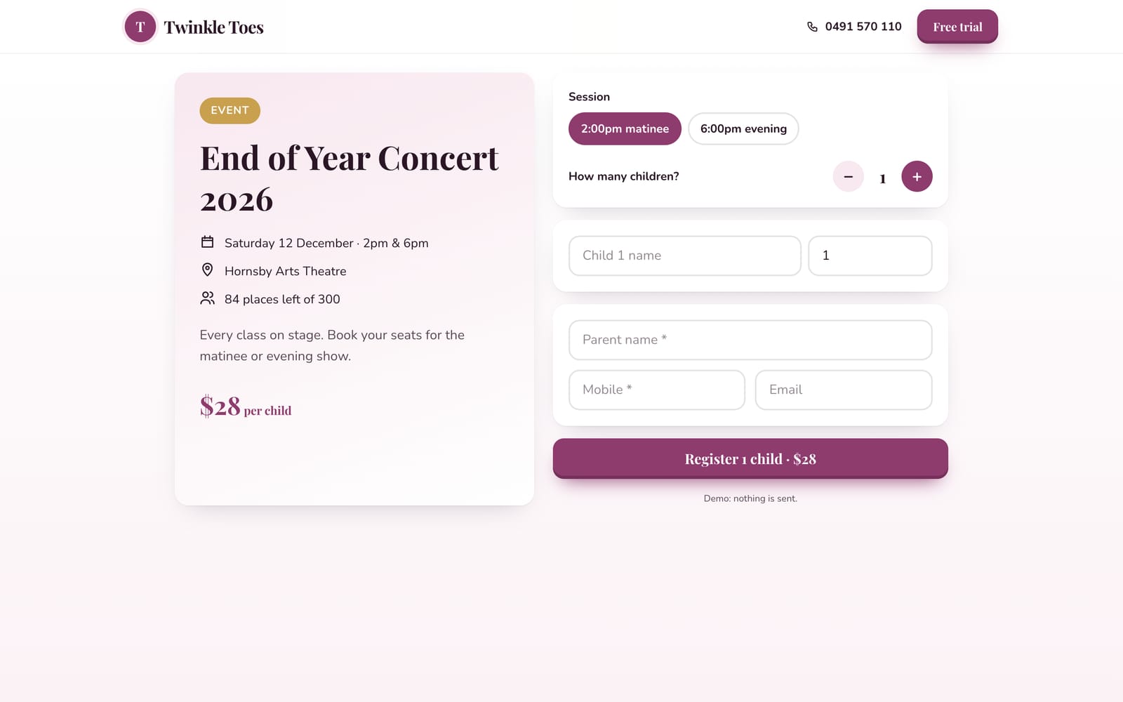 End of Year Concert 2026 booking page on a computer