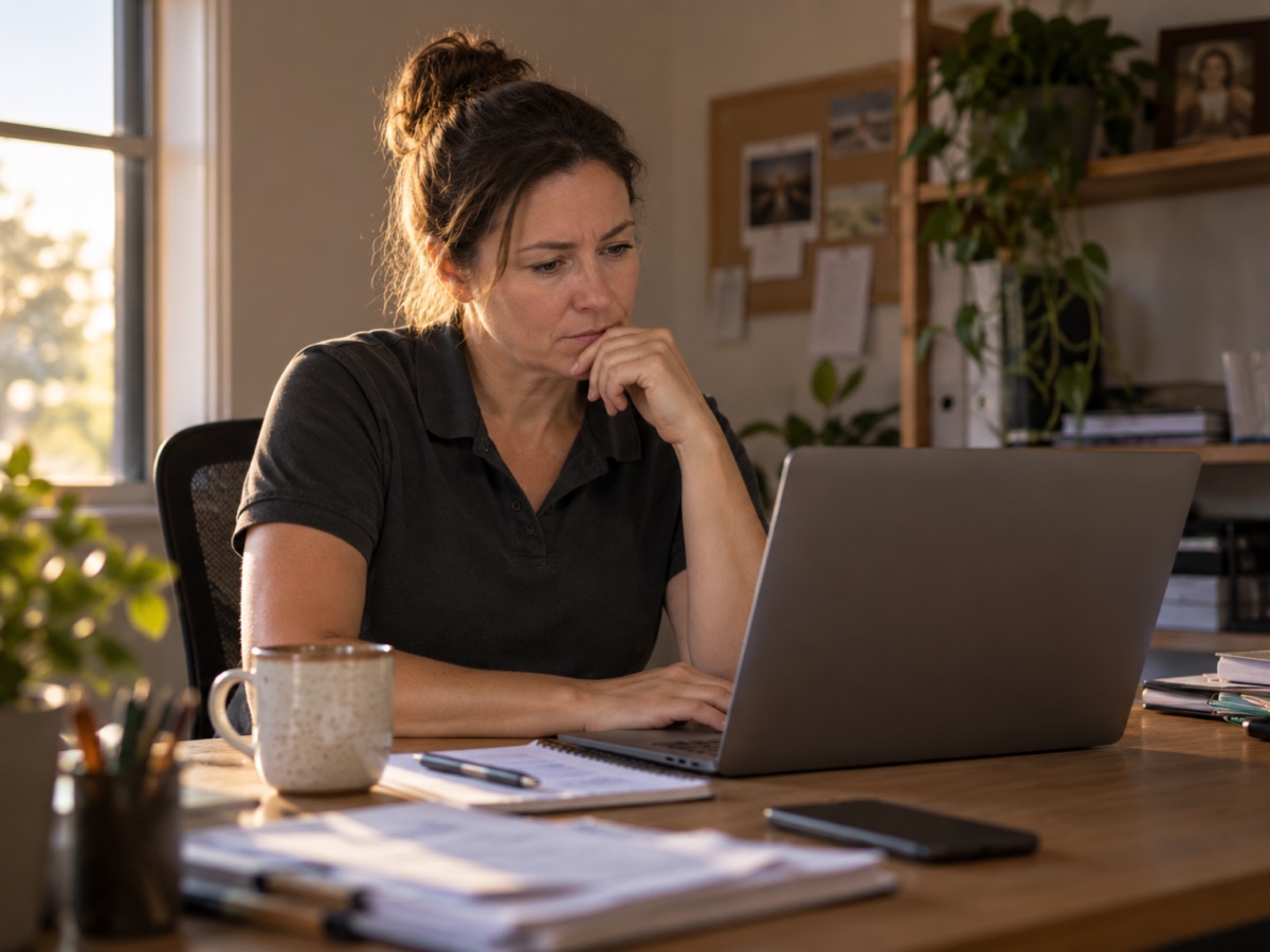 The same owner at her desk, frowning slightly at her website on a laptop
