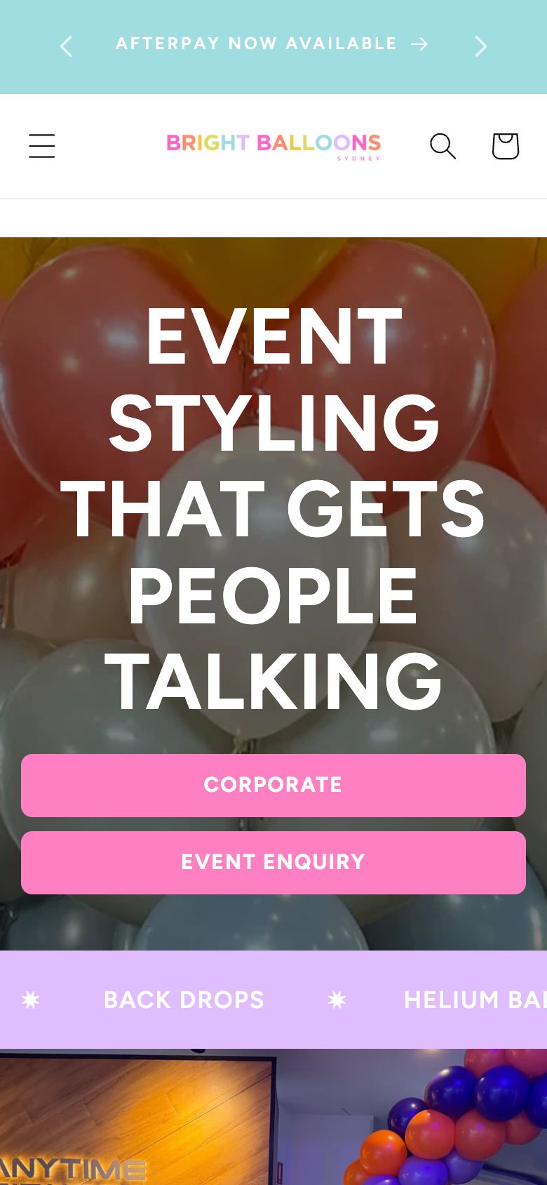 Bright Balloons home page on a phone