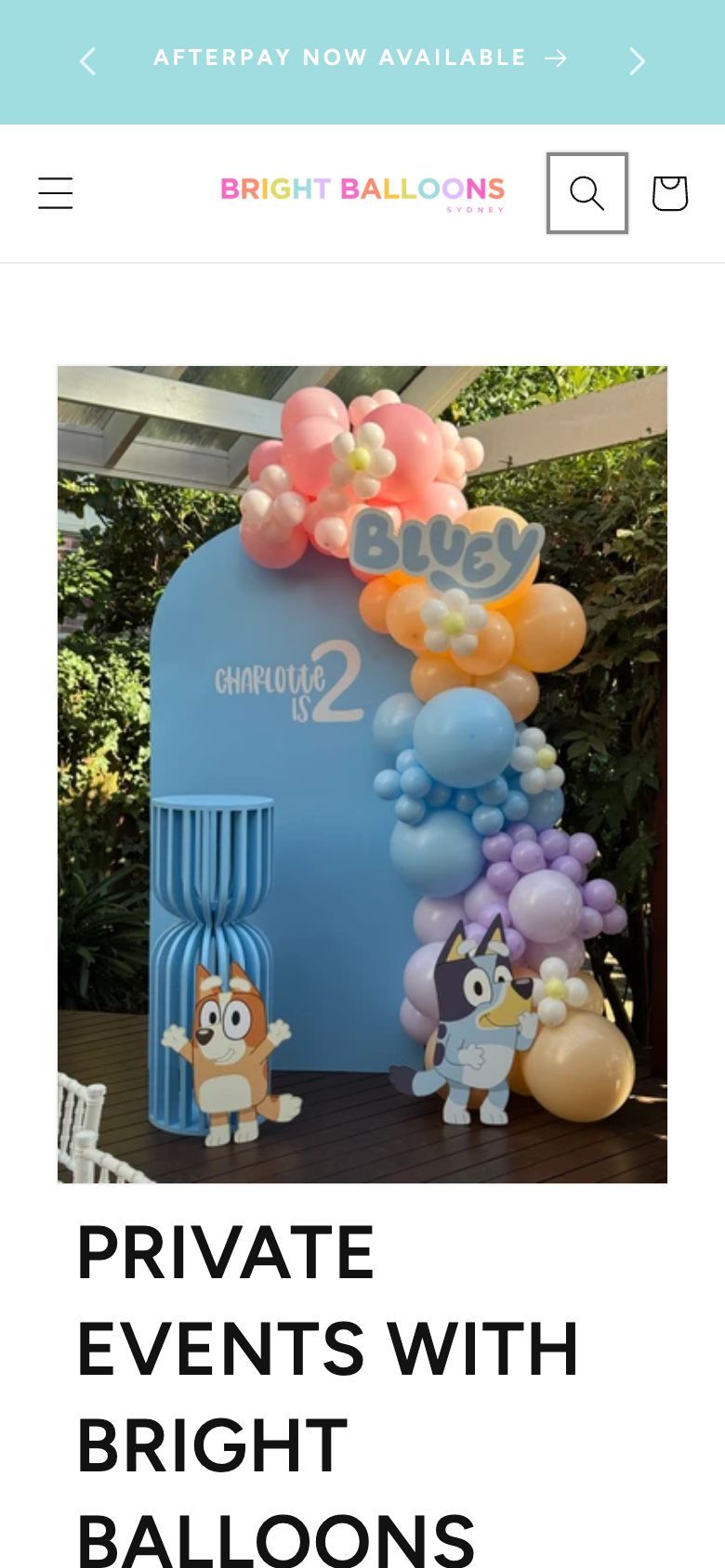 Bright Balloons Private Events page on a phone