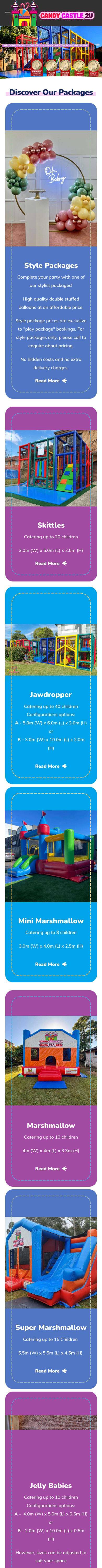 The first third of the Candy Castle 2U home page on a phone