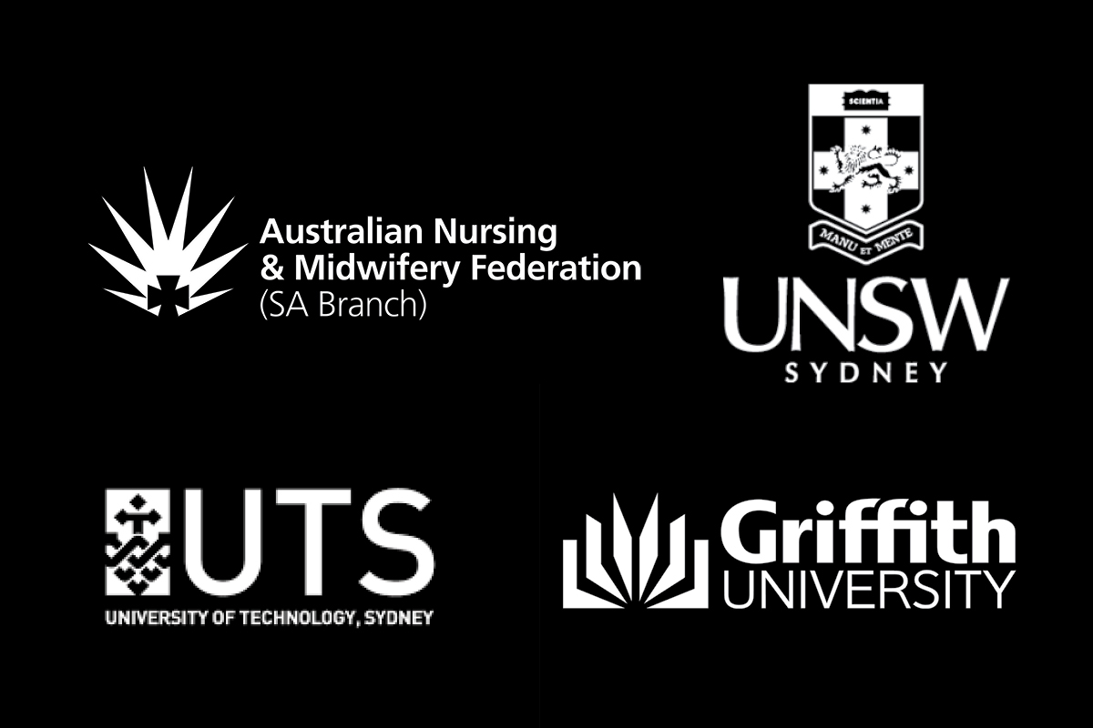 Logos of UNSW, UTS, Griffith University and the Australian Nursing & Midwifery Federation (SA Branch)