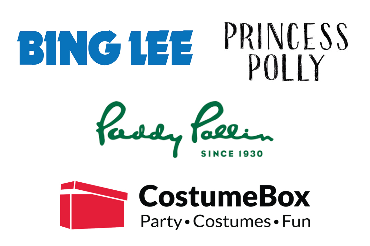 Logos of Bing Lee, Princess Polly, Paddy Pallin and Costume Box