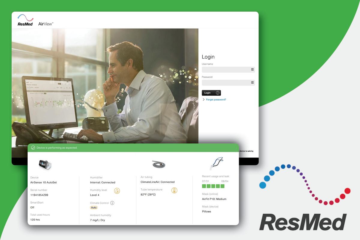 ResMed AirView: the patient-management login and a device status panel