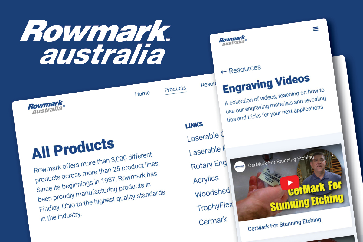 Rowmark Australia's website: the product catalogue and engraving video resources on mobile