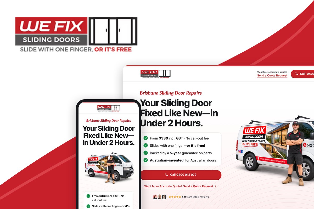 The We Fix Sliding Doors landing page on desktop and phone