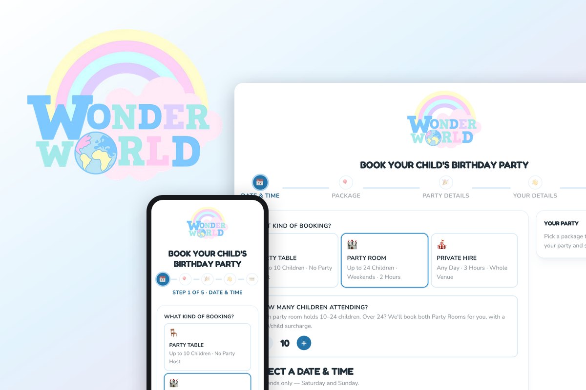The WonderWorld Play Centre party booking form on desktop and phone
