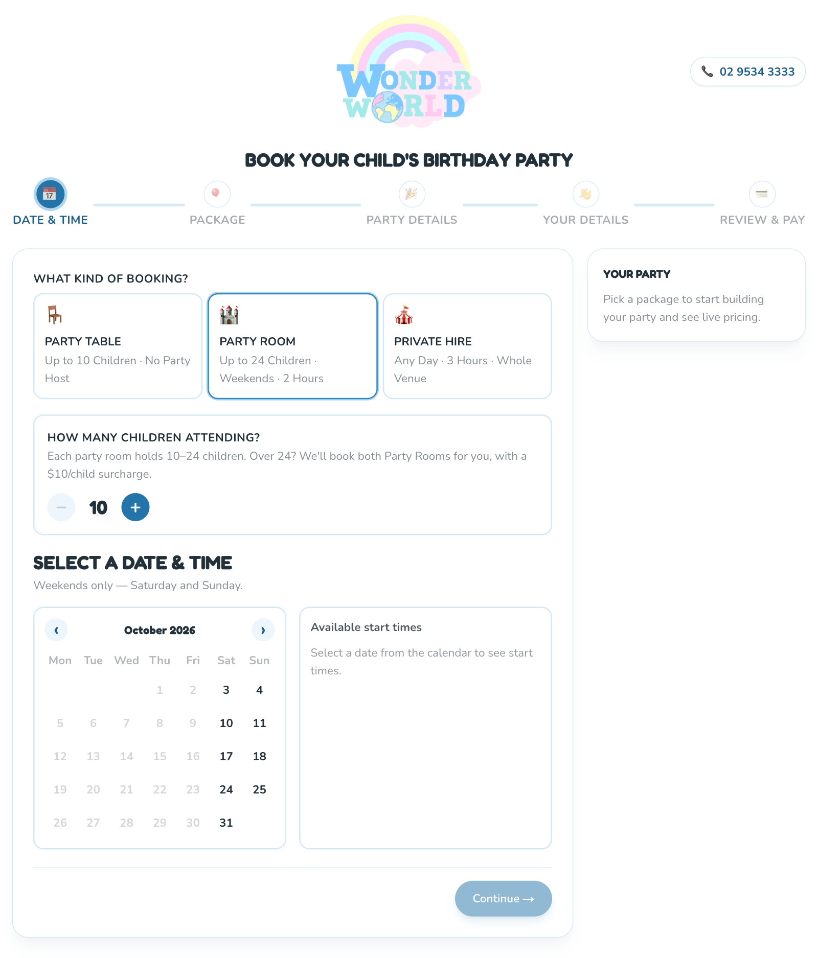 The WonderWorld Play Centre booking form: package choice, number of children and a calendar of available weekend dates